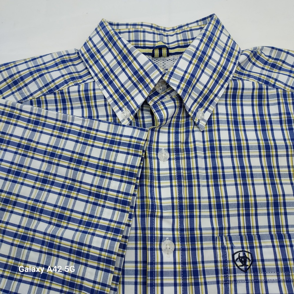 Ariat Pro Series Mens Small Blue Yellow Plaid Short Sleeve Button Down Shirt